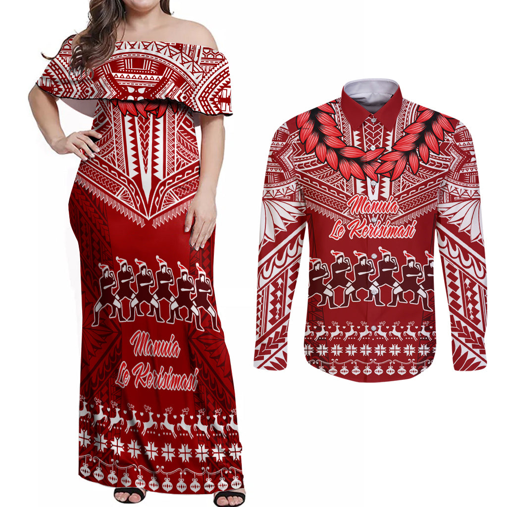 Toa Samoa Christmas Couples Matching Off Shoulder Maxi Dress and Long Sleeve Button Shirt Samoa Siva Tau Manuia Le Kerisimasi Red Vibe LT9 Red - Polynesian Pride