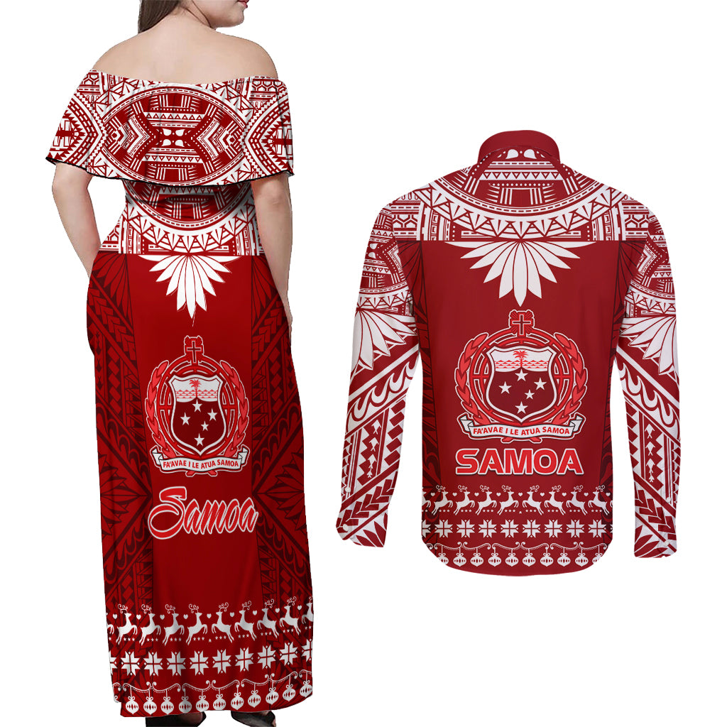 Toa Samoa Christmas Couples Matching Off Shoulder Maxi Dress and Long Sleeve Button Shirt Samoa Siva Tau Manuia Le Kerisimasi Red Vibe LT9 - Polynesian Pride
