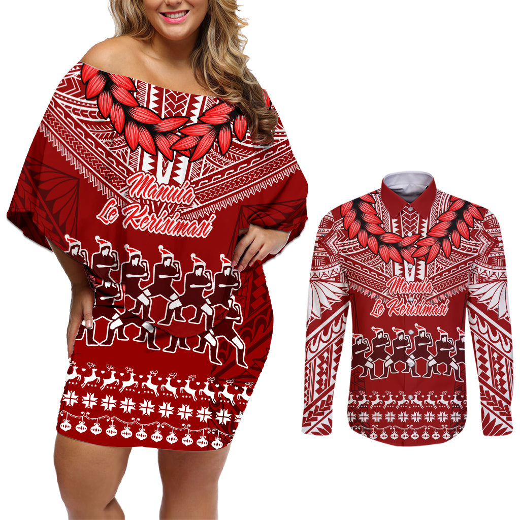 Toa Samoa Christmas Couples Matching Off Shoulder Short Dress and Long Sleeve Button Shirt Samoa Siva Tau Manuia Le Kerisimasi Red Vibe LT9 Red - Polynesian Pride