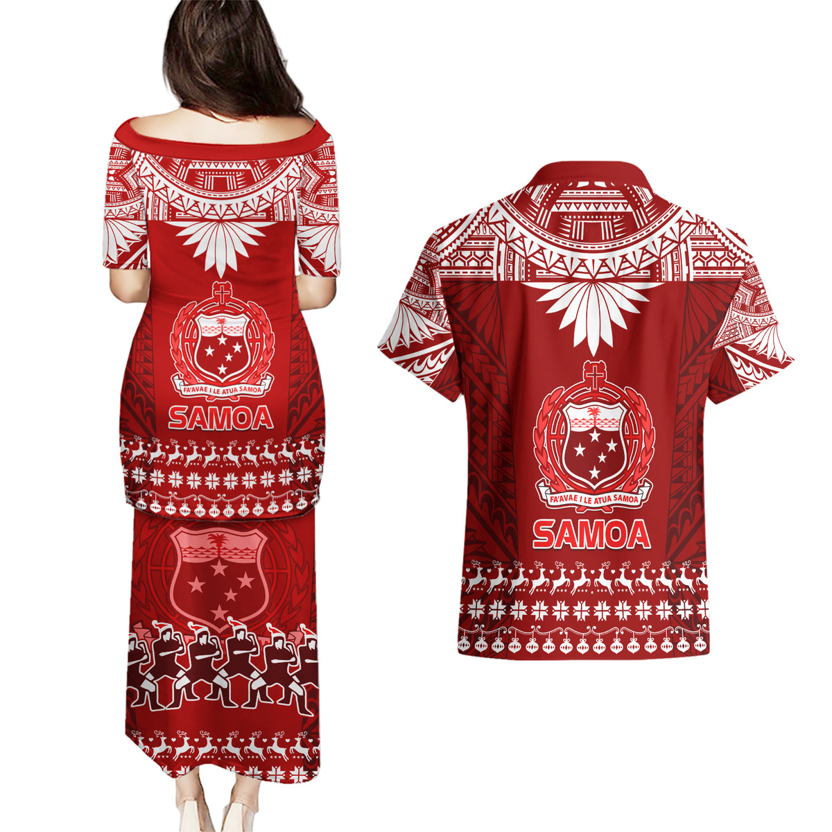 Toa Samoa Christmas Couples Matching Puletasi Dress and Hawaiian Shirt Samoa Siva Tau Manuia Le Kerisimasi Red Vibe LT9 - Polynesian Pride