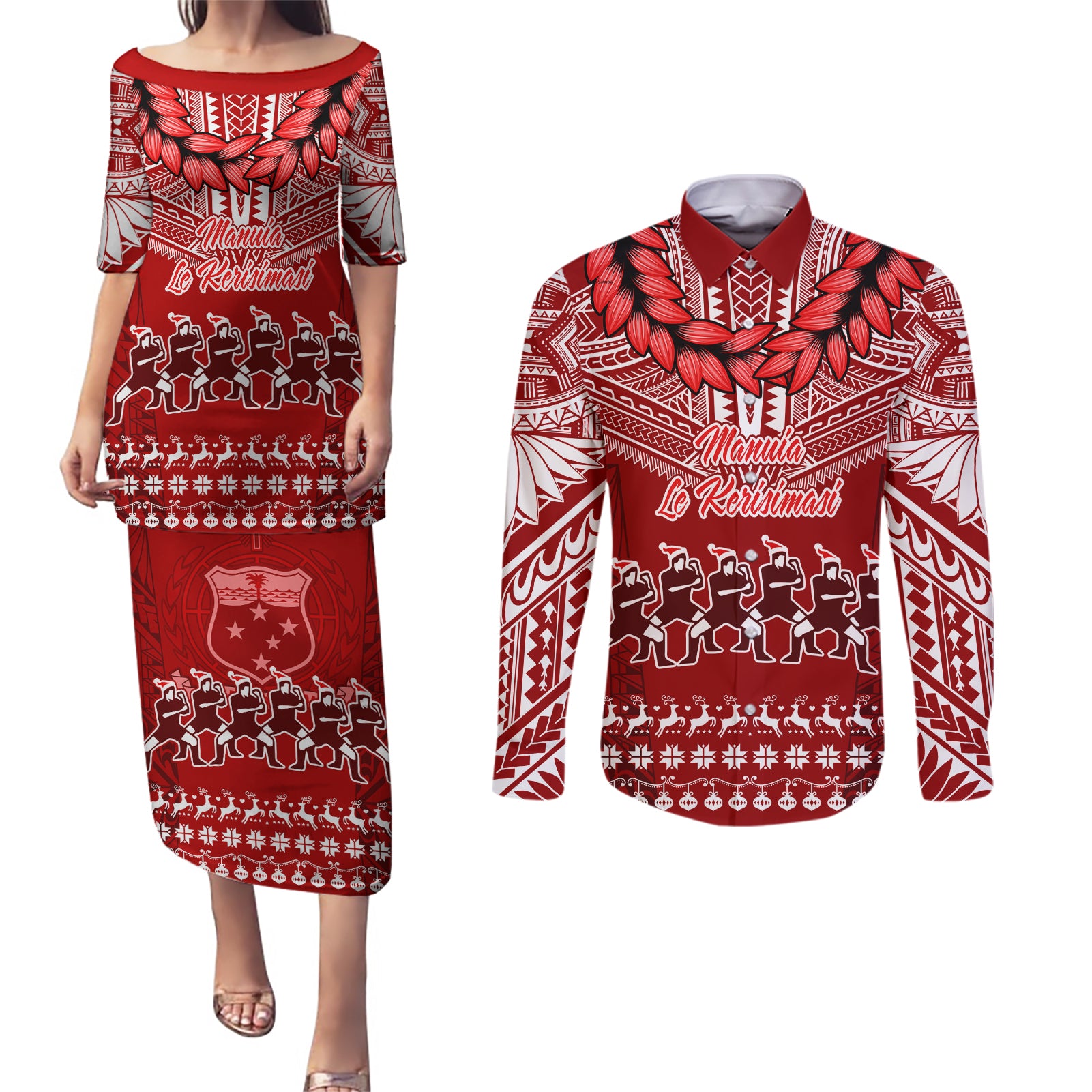 Toa Samoa Christmas Couples Matching Puletasi Dress and Long Sleeve Button Shirt Samoa Siva Tau Manuia Le Kerisimasi Red Vibe LT9 Red - Polynesian Pride