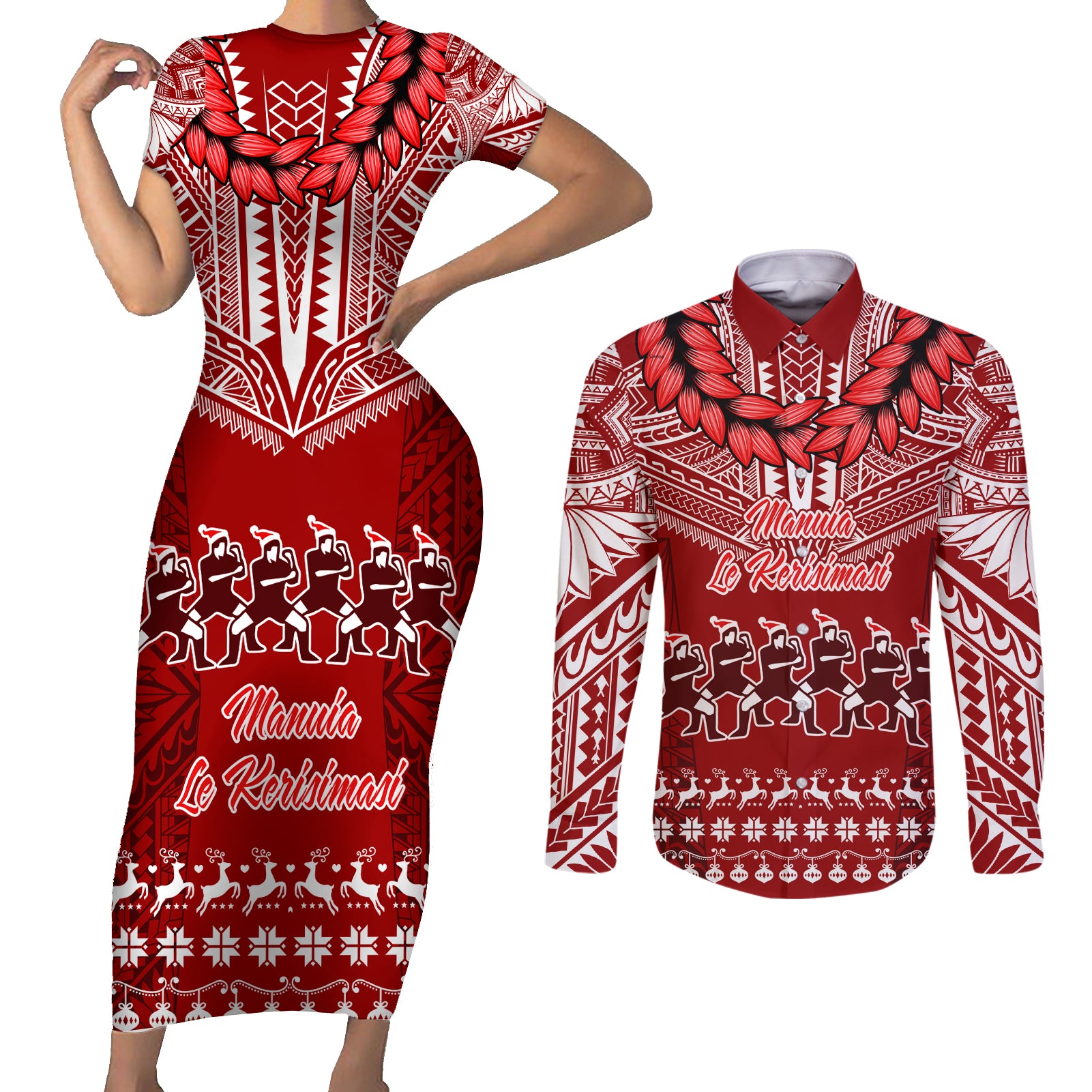 Toa Samoa Christmas Couples Matching Short Sleeve Bodycon Dress and Long Sleeve Button Shirt Samoa Siva Tau Manuia Le Kerisimasi Red Vibe LT9 Red - Polynesian Pride