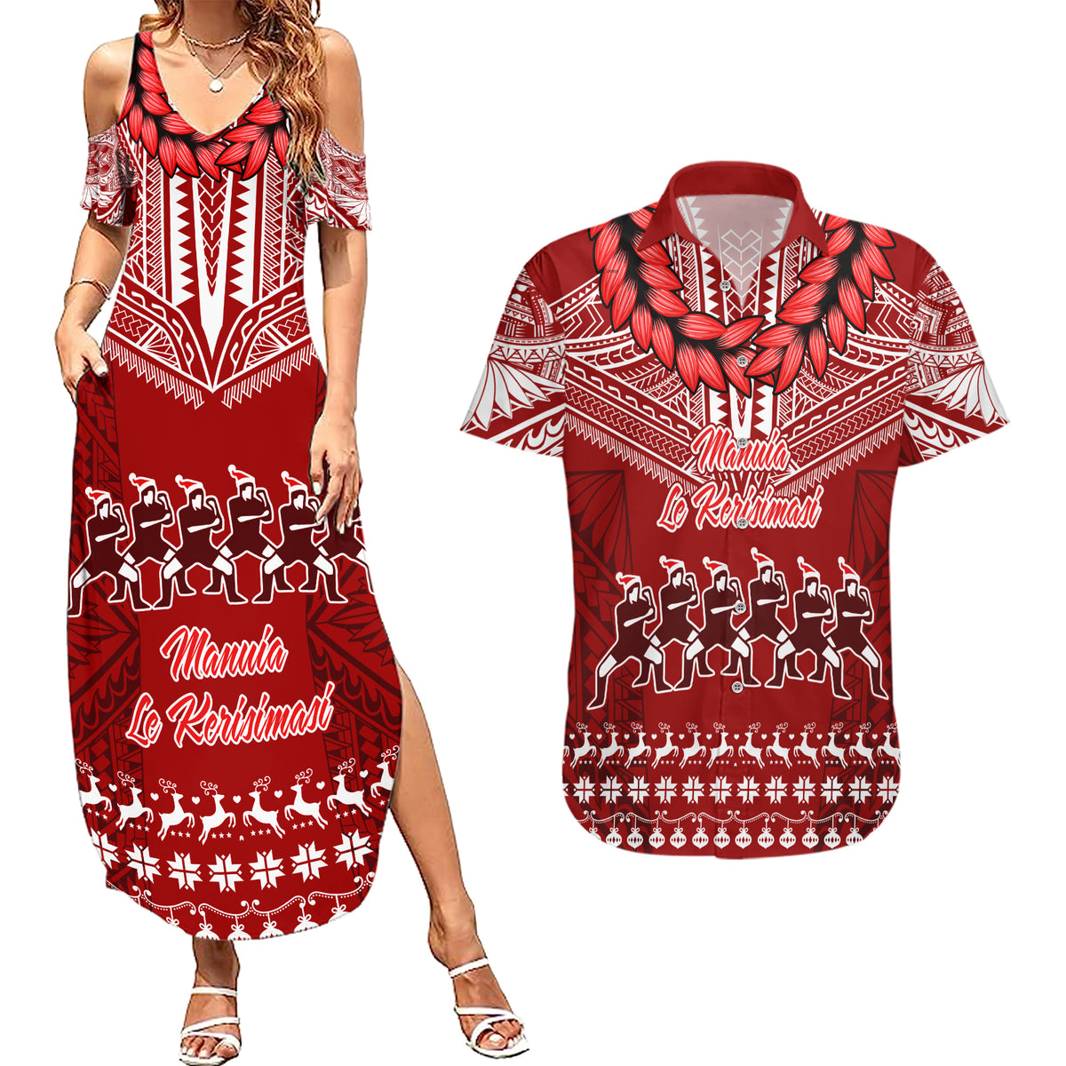 Toa Samoa Christmas Couples Matching Summer Maxi Dress and Hawaiian Shirt Samoa Siva Tau Manuia Le Kerisimasi Red Vibe LT9 Red - Polynesian Pride