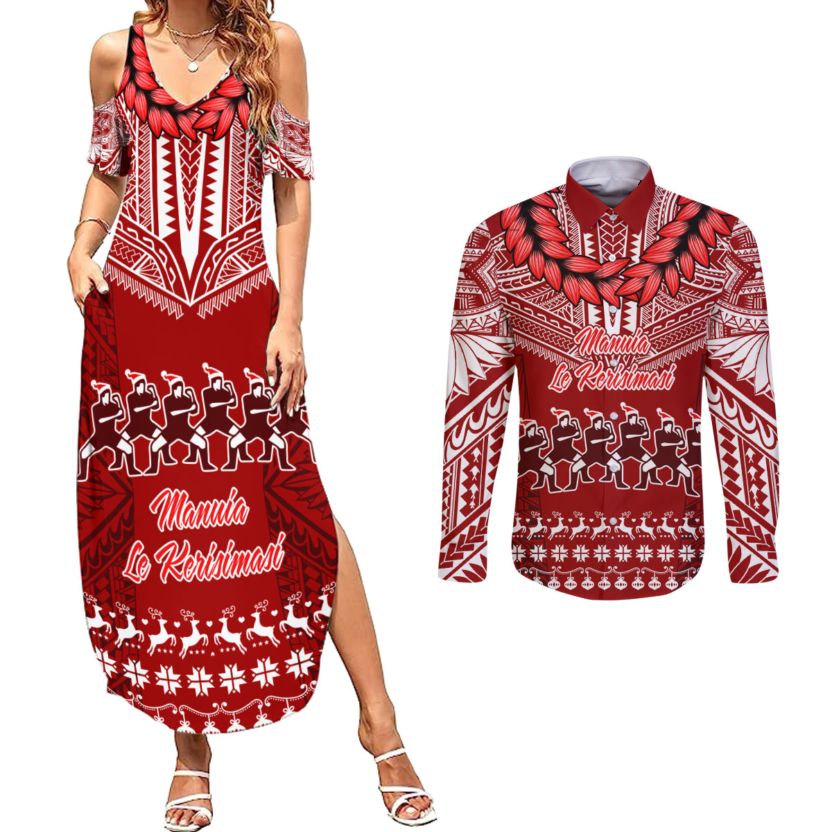 Toa Samoa Christmas Couples Matching Summer Maxi Dress and Long Sleeve Button Shirt Samoa Siva Tau Manuia Le Kerisimasi Red Vibe LT9 Red - Polynesian Pride