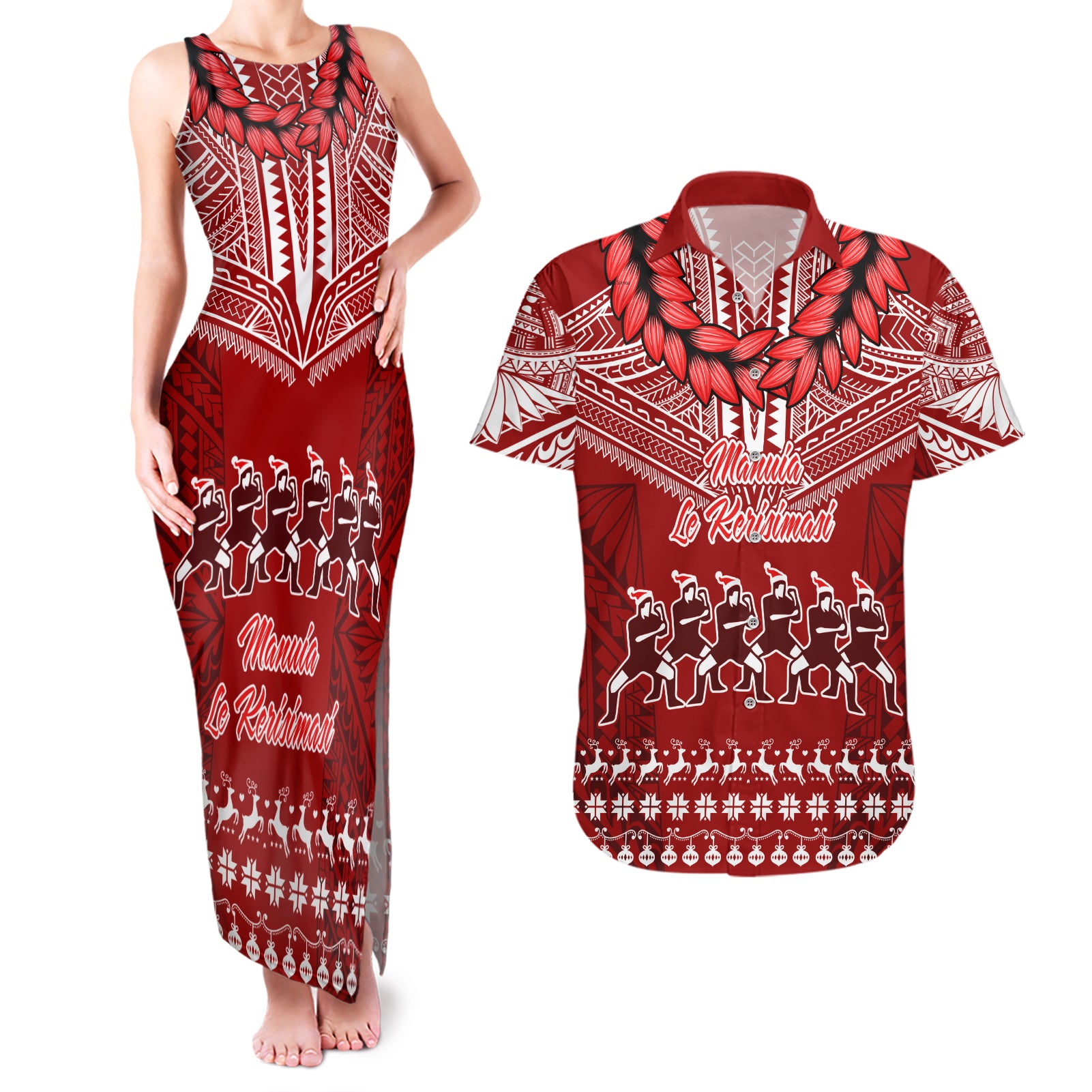 Toa Samoa Christmas Couples Matching Tank Maxi Dress and Hawaiian Shirt Samoa Siva Tau Manuia Le Kerisimasi Red Vibe LT9 Red - Polynesian Pride