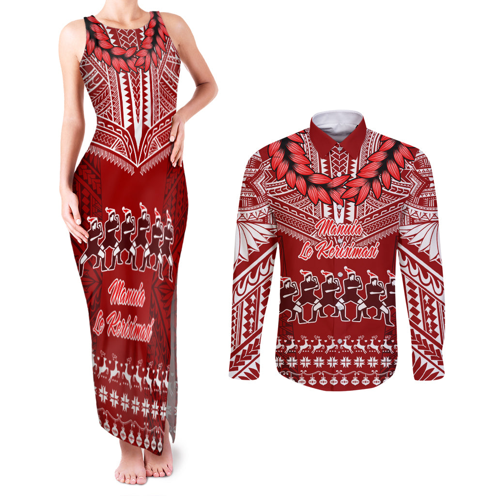 Toa Samoa Christmas Couples Matching Tank Maxi Dress and Long Sleeve Button Shirt Samoa Siva Tau Manuia Le Kerisimasi Red Vibe LT9 Red - Polynesian Pride