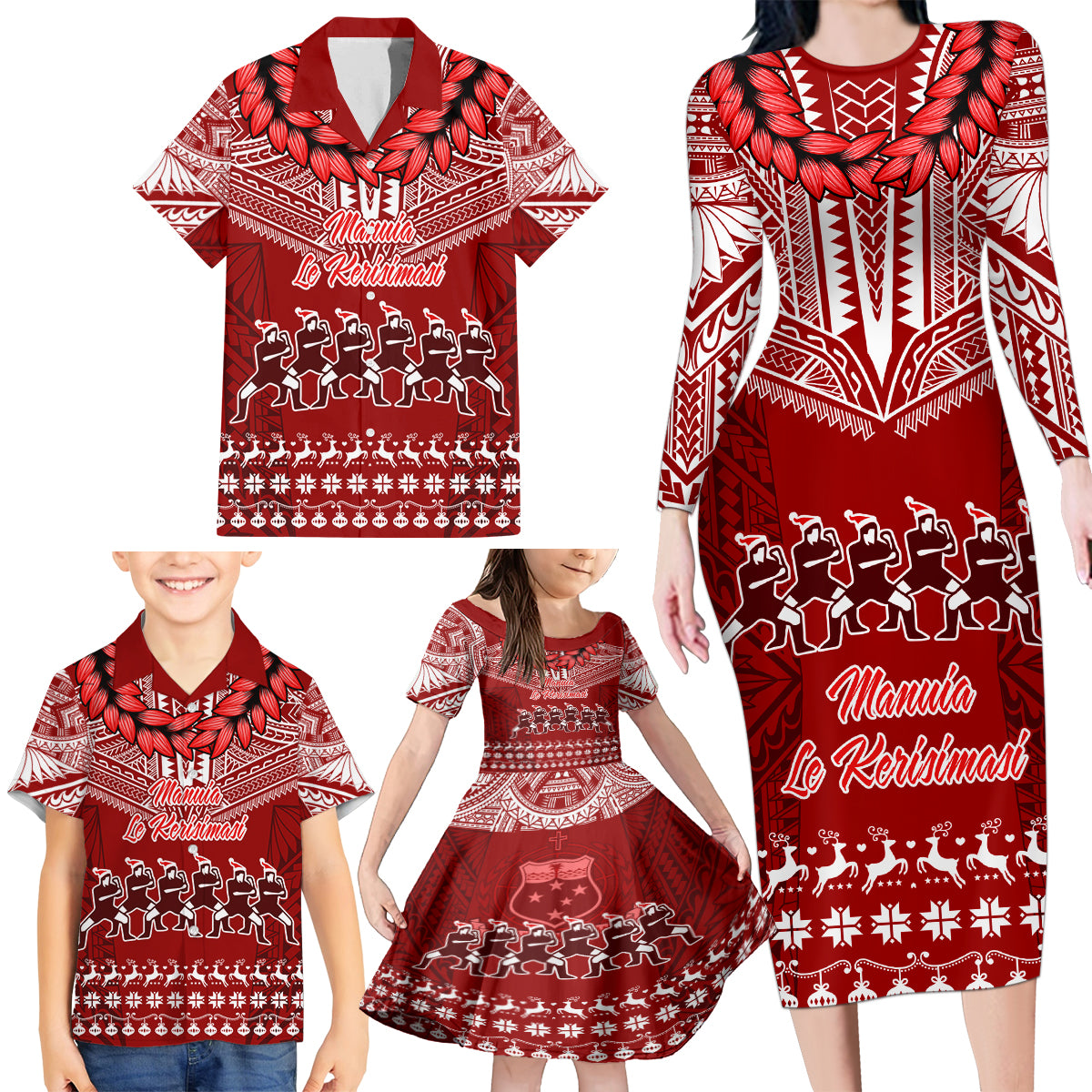 Toa Samoa Christmas Family Matching Long Sleeve Bodycon Dress and Hawaiian Shirt Samoa Siva Tau Manuia Le Kerisimasi Red Vibe LT9 - Polynesian Pride