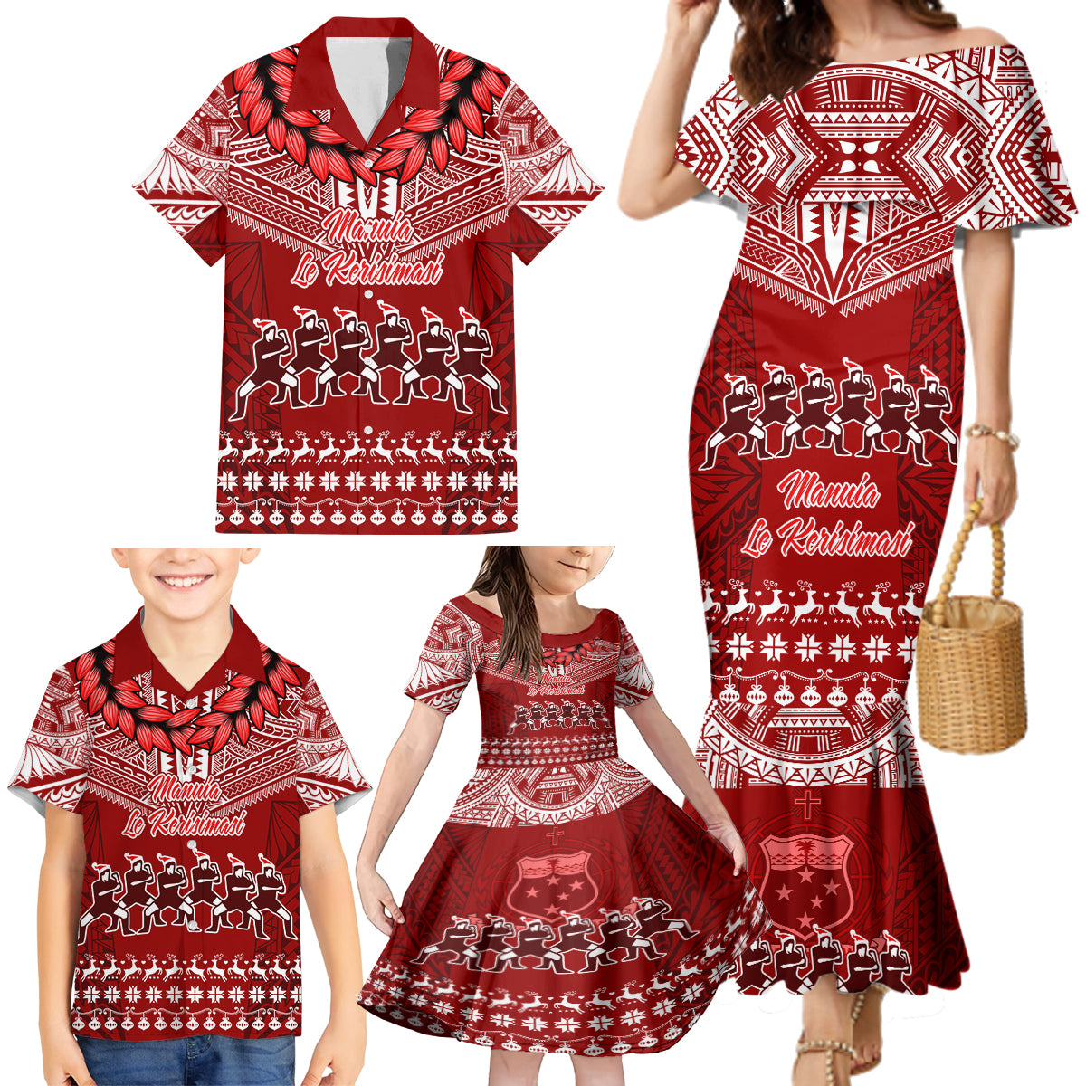 Toa Samoa Christmas Family Matching Mermaid Dress and Hawaiian Shirt Samoa Siva Tau Manuia Le Kerisimasi Red Vibe LT9 - Polynesian Pride