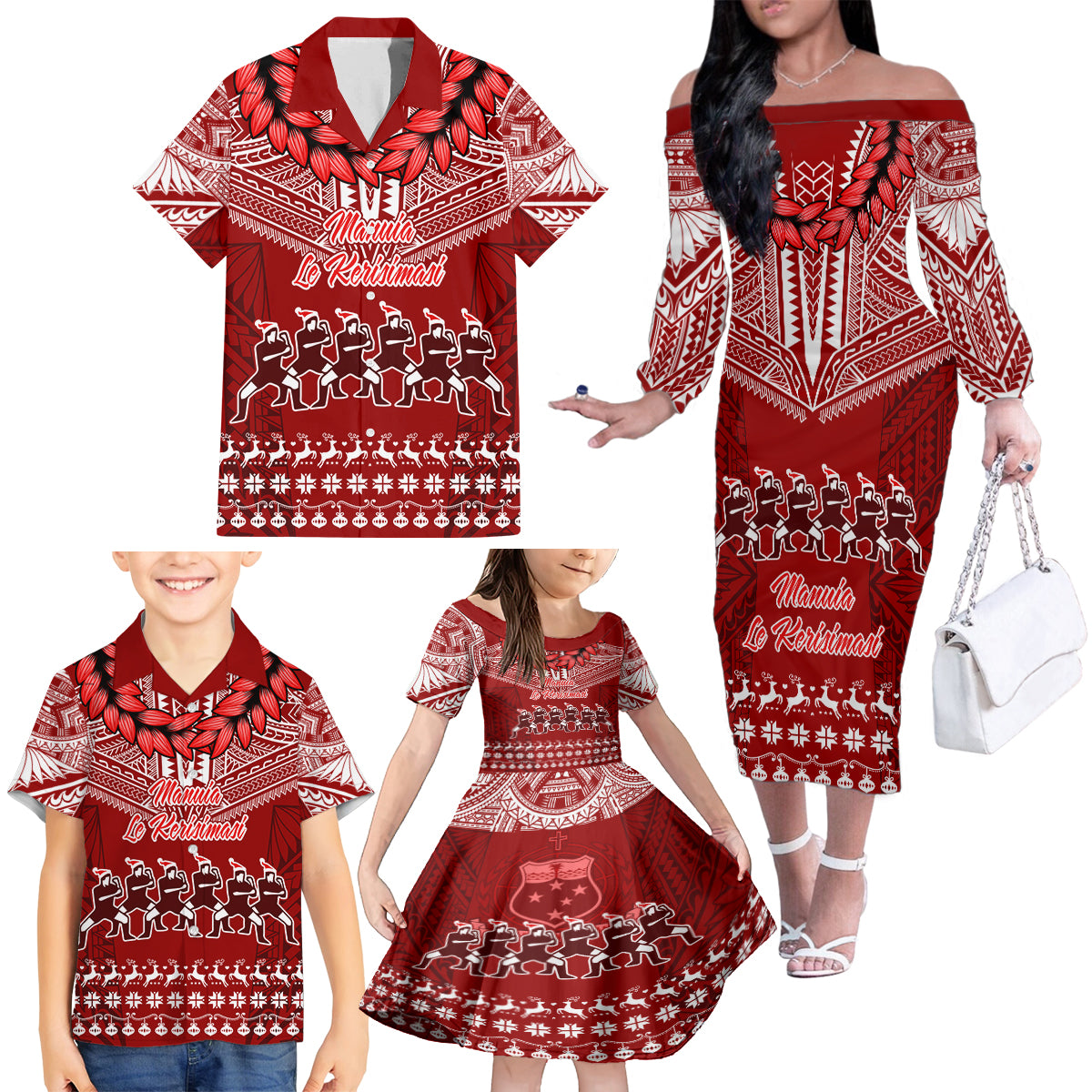 Toa Samoa Christmas Family Matching Off Shoulder Long Sleeve Dress and Hawaiian Shirt Samoa Siva Tau Manuia Le Kerisimasi Red Vibe LT9 - Polynesian Pride