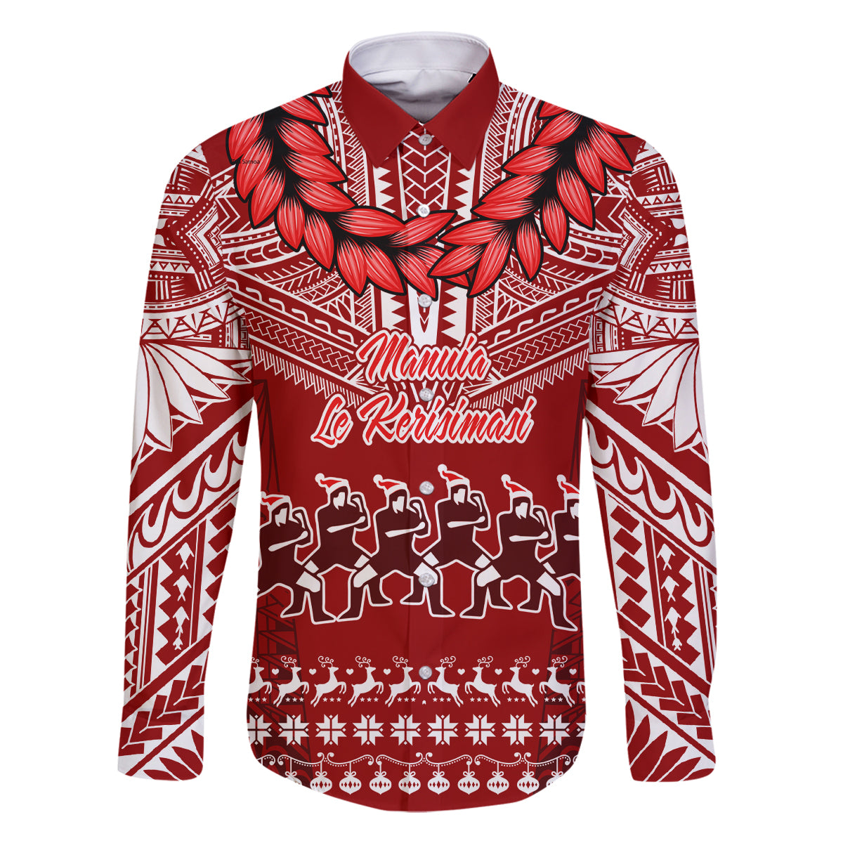 Toa Samoa Christmas Family Matching Off Shoulder Long Sleeve Dress and Hawaiian Shirt Samoa Siva Tau Manuia Le Kerisimasi Red Vibe LT9 Dad's Shirt - Long Sleeve Red - Polynesian Pride