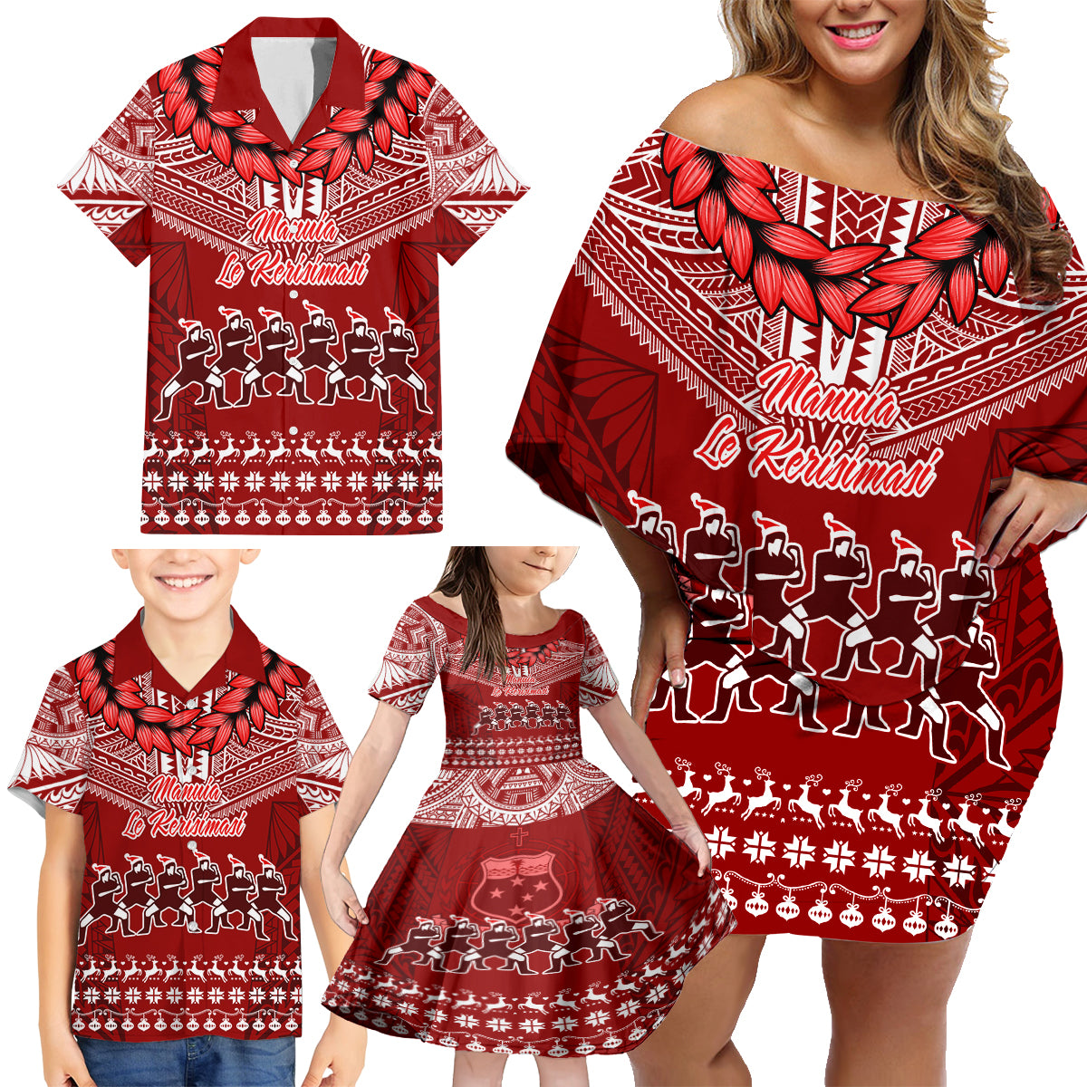 Toa Samoa Christmas Family Matching Off Shoulder Short Dress and Hawaiian Shirt Samoa Siva Tau Manuia Le Kerisimasi Red Vibe LT9 - Polynesian Pride