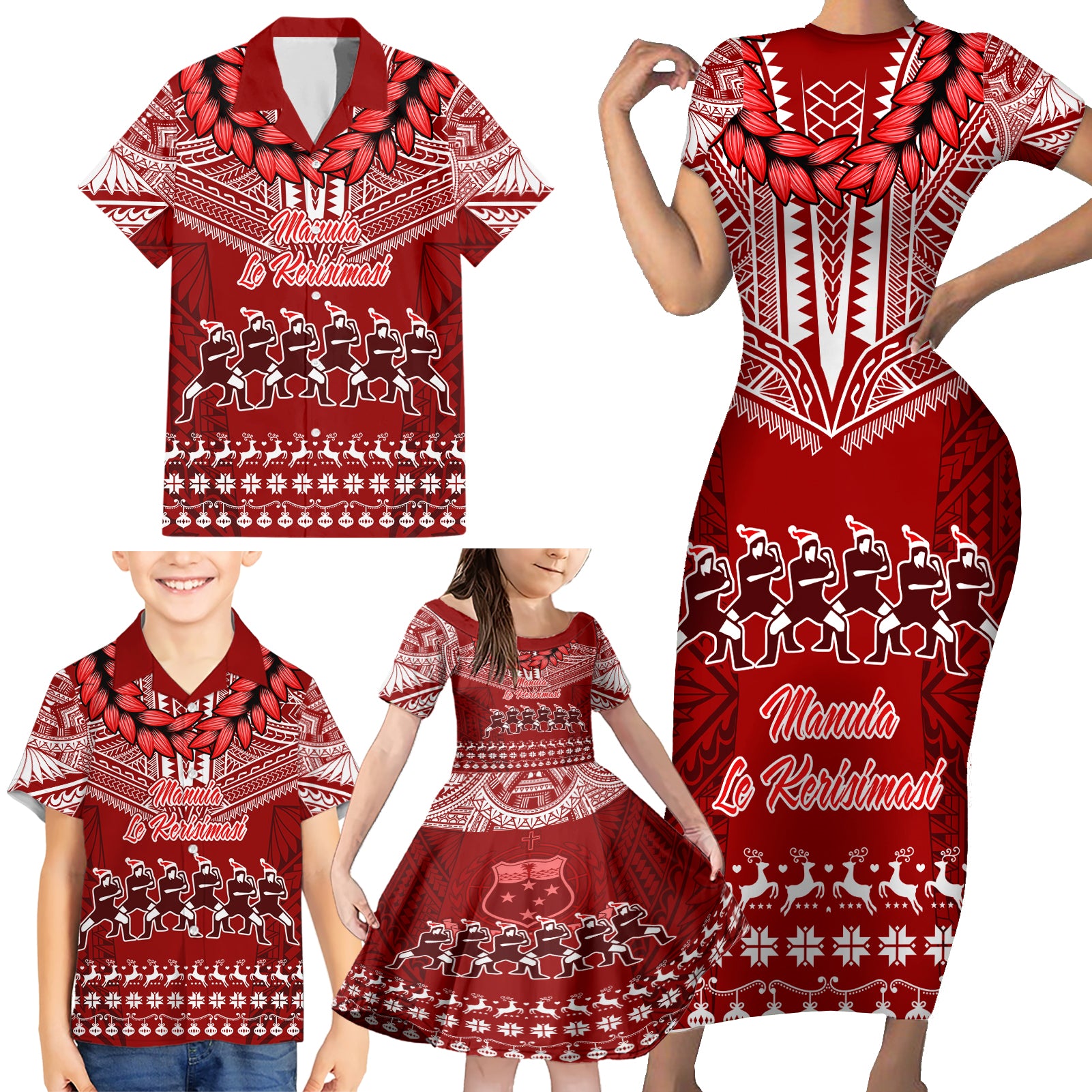 Toa Samoa Christmas Family Matching Short Sleeve Bodycon Dress and Hawaiian Shirt Samoa Siva Tau Manuia Le Kerisimasi Red Vibe LT9 - Polynesian Pride