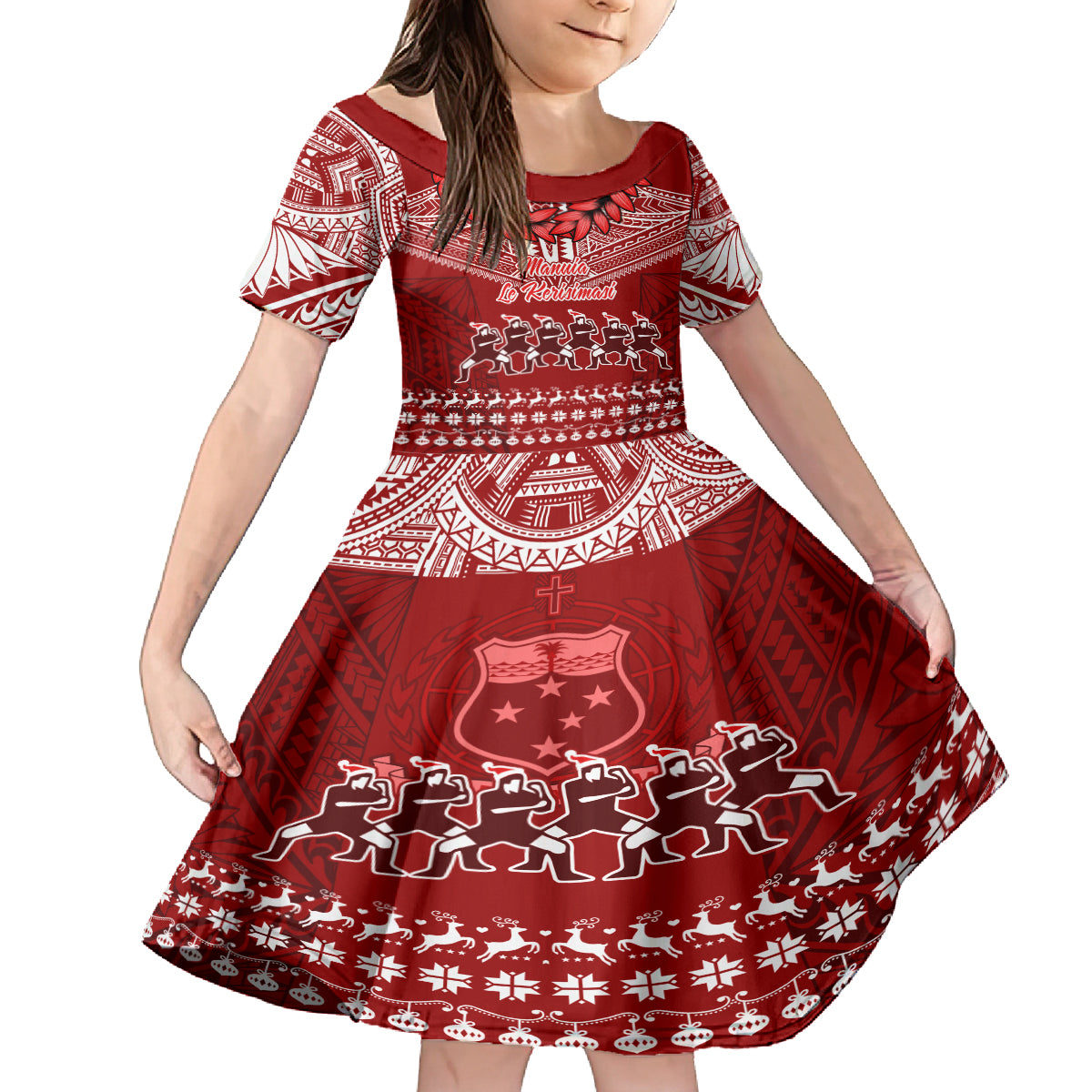 Toa Samoa Christmas Kid Short Sleeve Dress Samoa Siva Tau Manuia Le Kerisimasi Red Vibe LT9 KID Red - Polynesian Pride