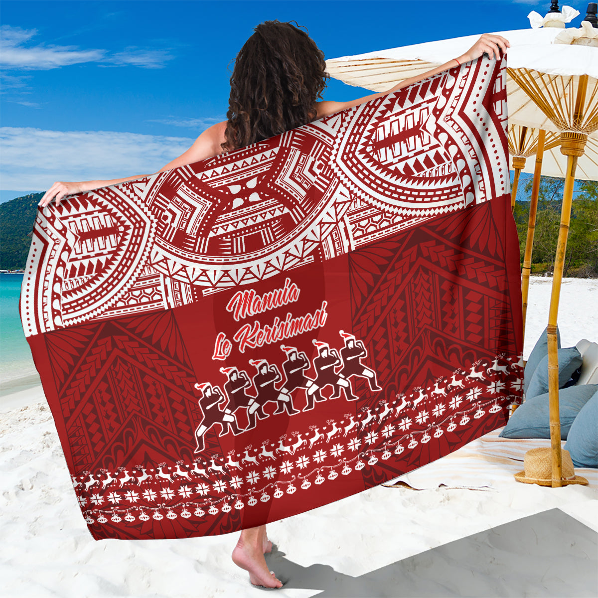 Toa Samoa Christmas Sarong Samoa Siva Tau Manuia Le Kerisimasi Red Vibe LT9 One Size 44 x 66 inches Red - Polynesian Pride