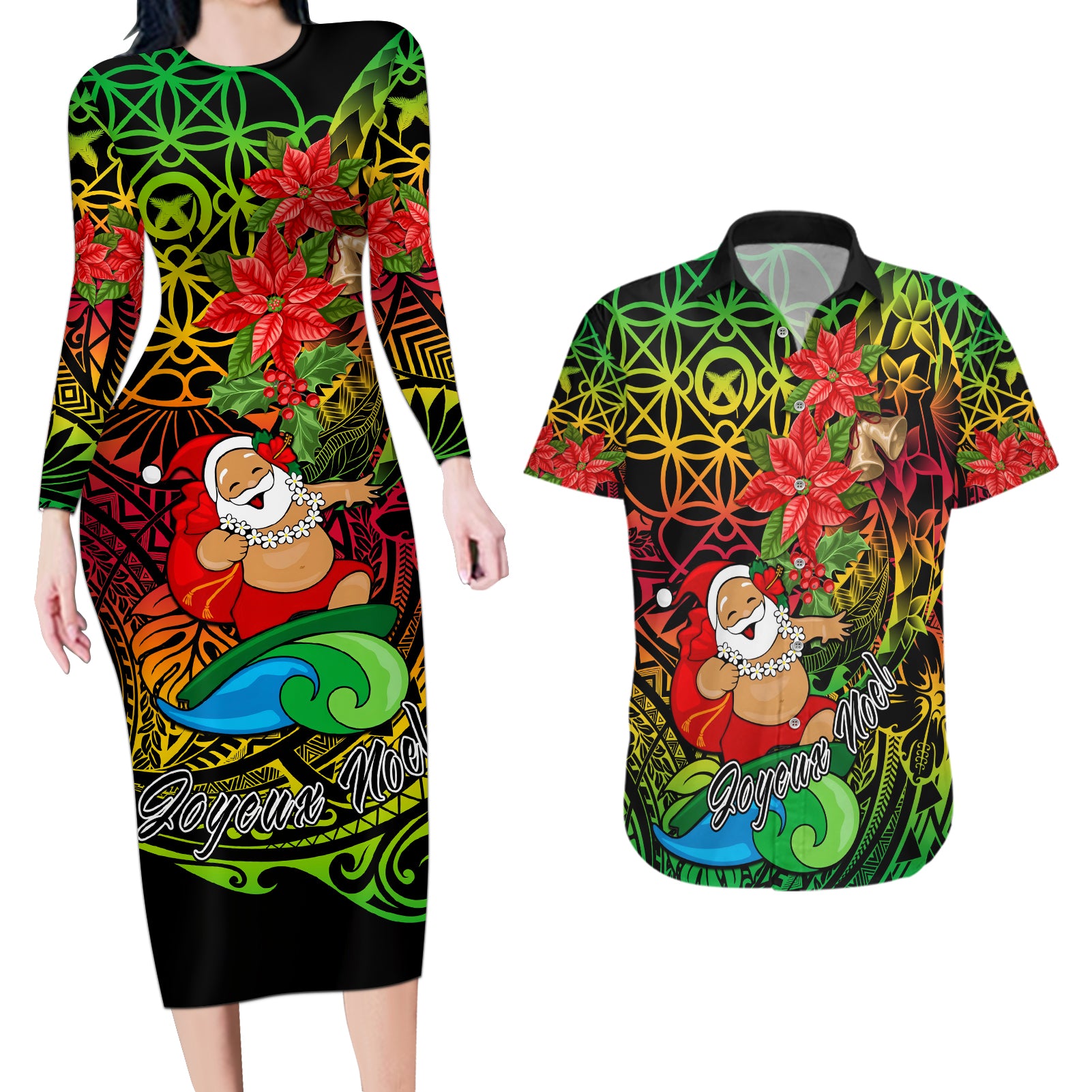 Personalised Vanuatu Joyeux Noel Couples Matching Long Sleeve Bodycon Dress and Hawaiian Shirt Christmas Santas God Yumi LT9 Reggae - Polynesian Pride