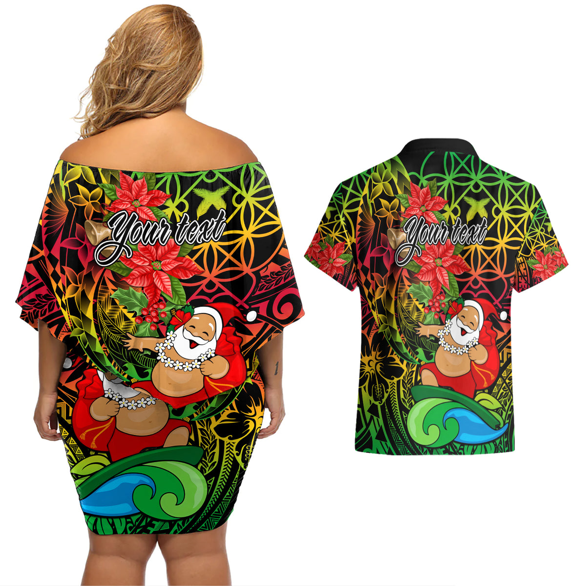 Personalised Vanuatu Joyeux Noel Couples Matching Off Shoulder Short Dress and Hawaiian Shirt Christmas Santas God Yumi LT9 - Polynesian Pride