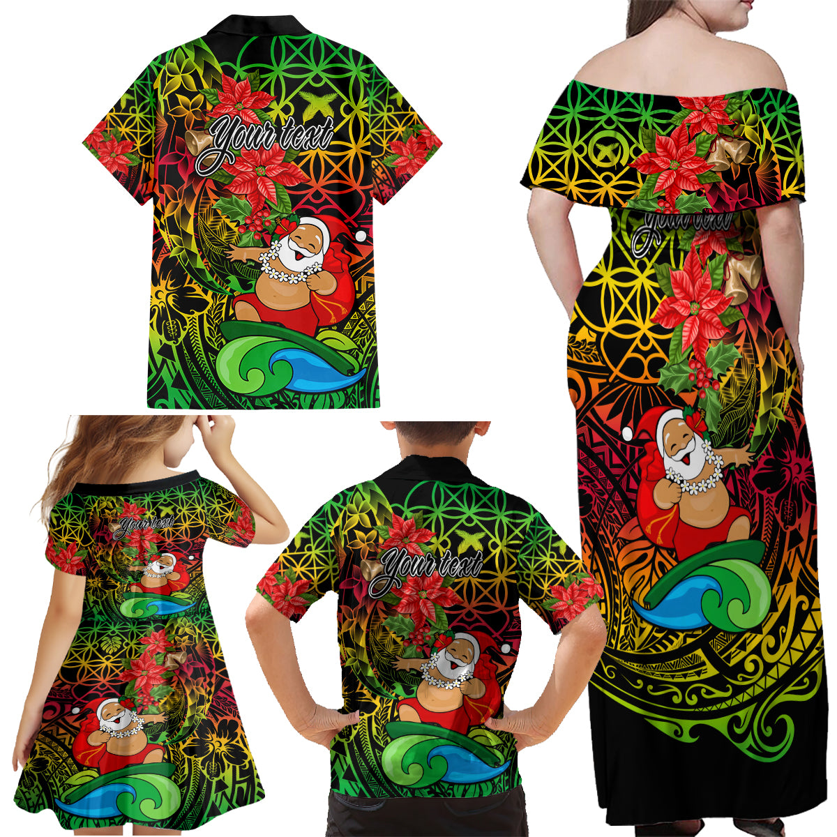 Personalised Vanuatu Joyeux Noel Family Matching Off Shoulder Maxi Dress and Hawaiian Shirt Christmas Santas God Yumi LT9 - Polynesian Pride