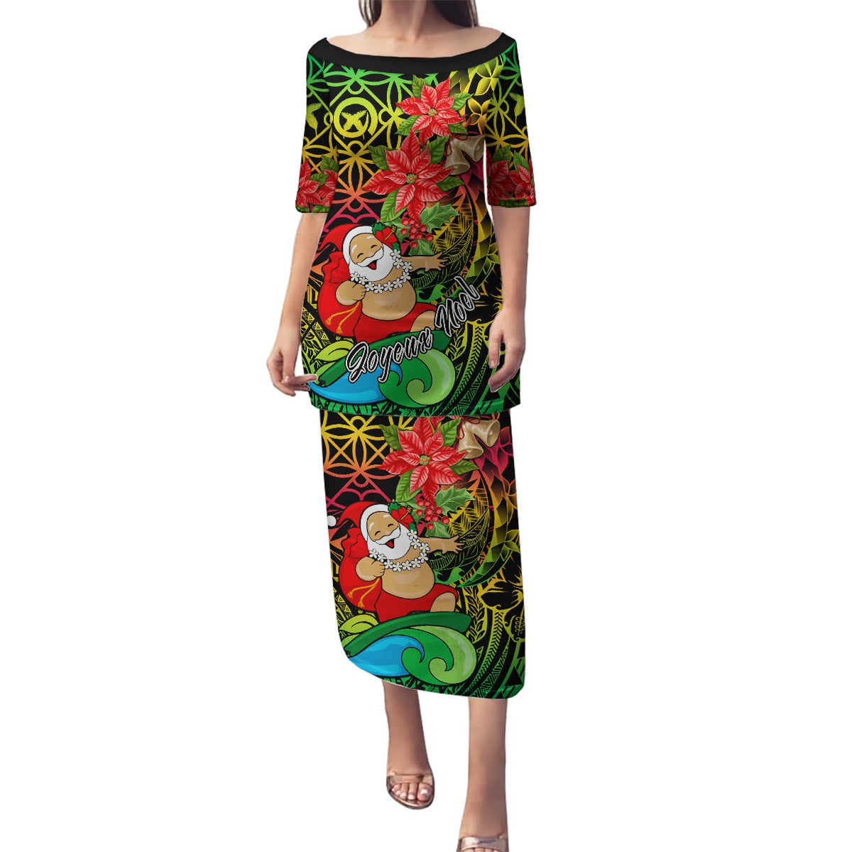 Personalised Vanuatu Joyeux Noel Family Matching Puletasi Dress and Hawaiian Shirt Christmas Santas God Yumi LT9 Mom's Dress Reggae - Polynesian Pride