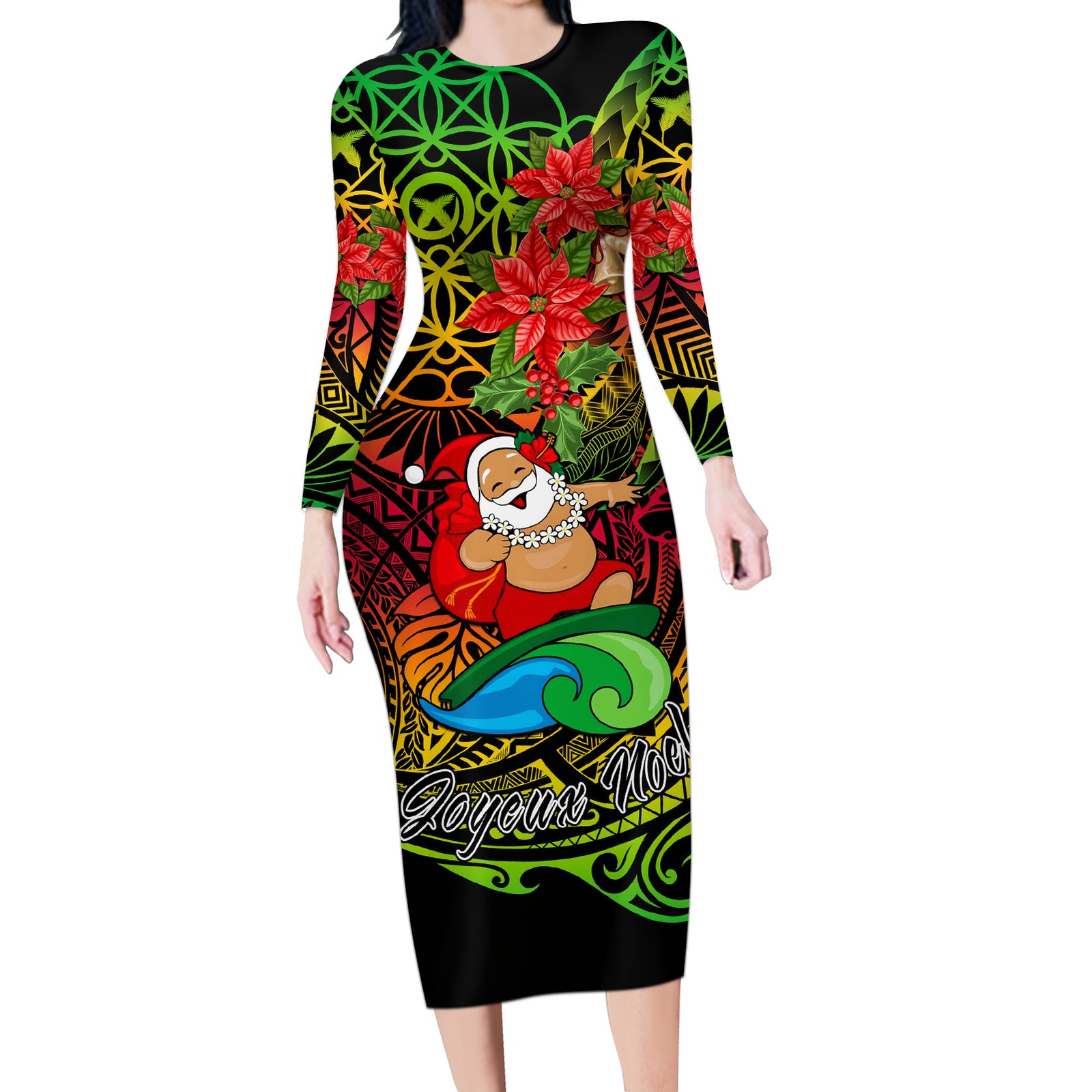 Personalised Vanuatu Joyeux Noel Long Sleeve Bodycon Dress Christmas Santas God Yumi LT9 Long Dress Reggae - Polynesian Pride