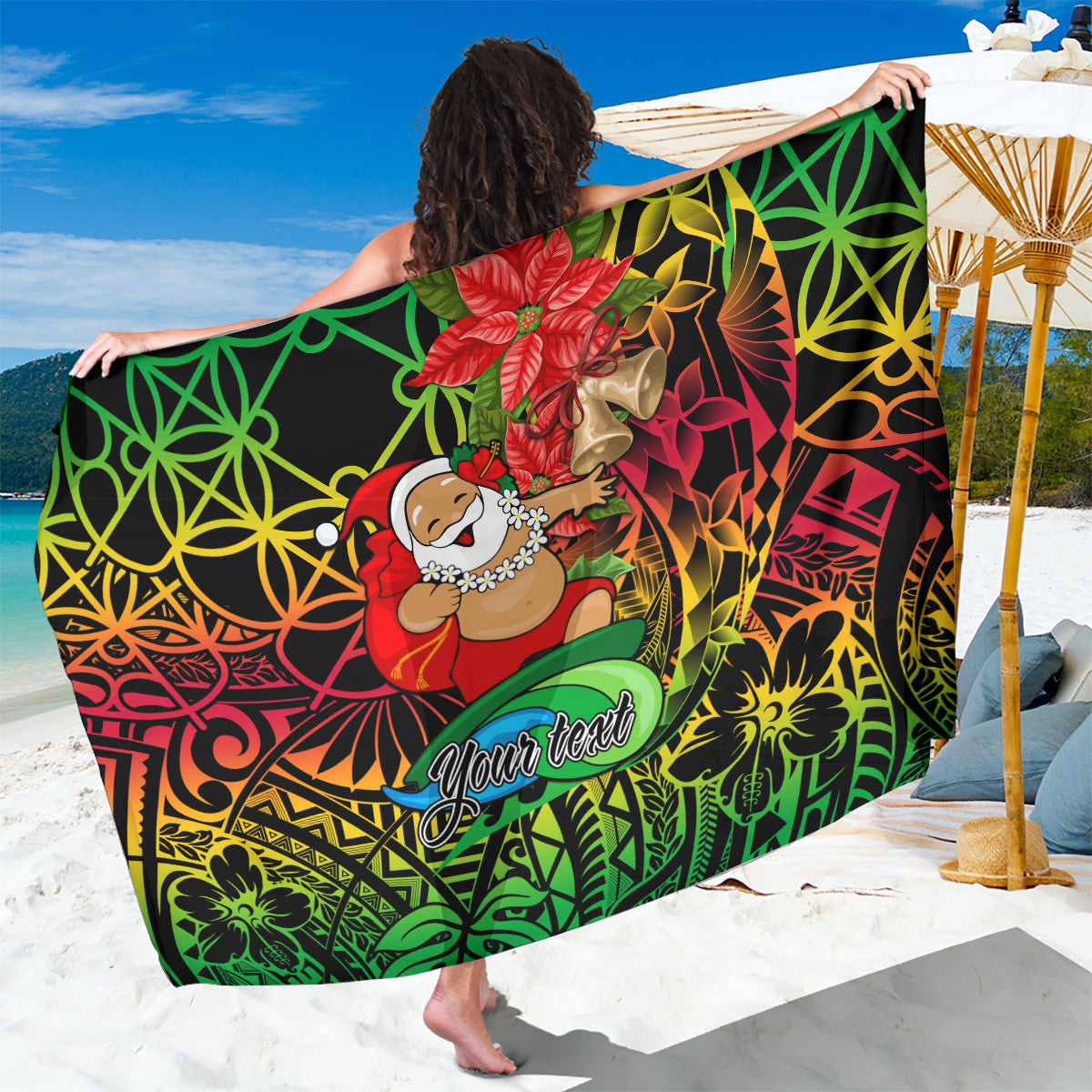 Personalised Vanuatu Joyeux Noel Sarong Christmas Santas God Yumi LT9 One Size 44 x 66 inches Reggae - Polynesian Pride