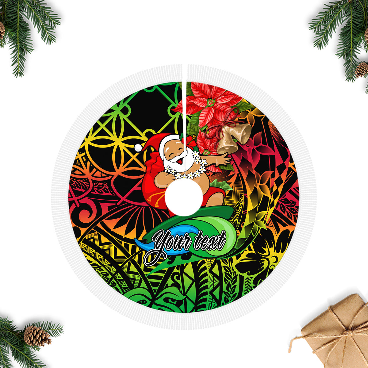 Personalised Vanuatu Joyeux Noel Tree Skirt Christmas Santas God Yumi LT9 Fringed Tree Skirts Reggae - Polynesian Pride