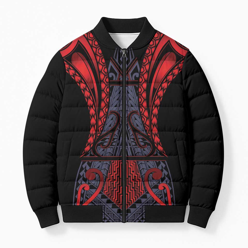 Custom New Zealand Bomber Puffer Jacket Maori Kiwiana Pattern Tukutuku Motif LT9 Unisex Red - Polynesian Pride