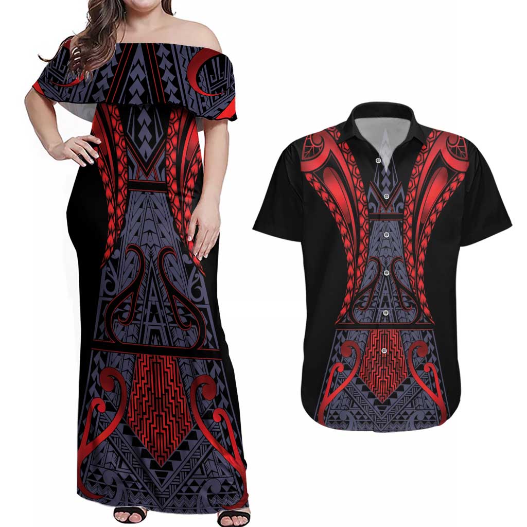 Custom New Zealand Couples Matching Off Shoulder Maxi Dress and Hawaiian Shirt Maori Kiwiana Pattern Tukutuku Motif LT9 Red - Polynesian Pride