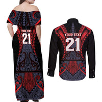Custom New Zealand Couples Matching Off Shoulder Maxi Dress and Long Sleeve Button Shirt Maori Kiwiana Pattern Tukutuku Motif