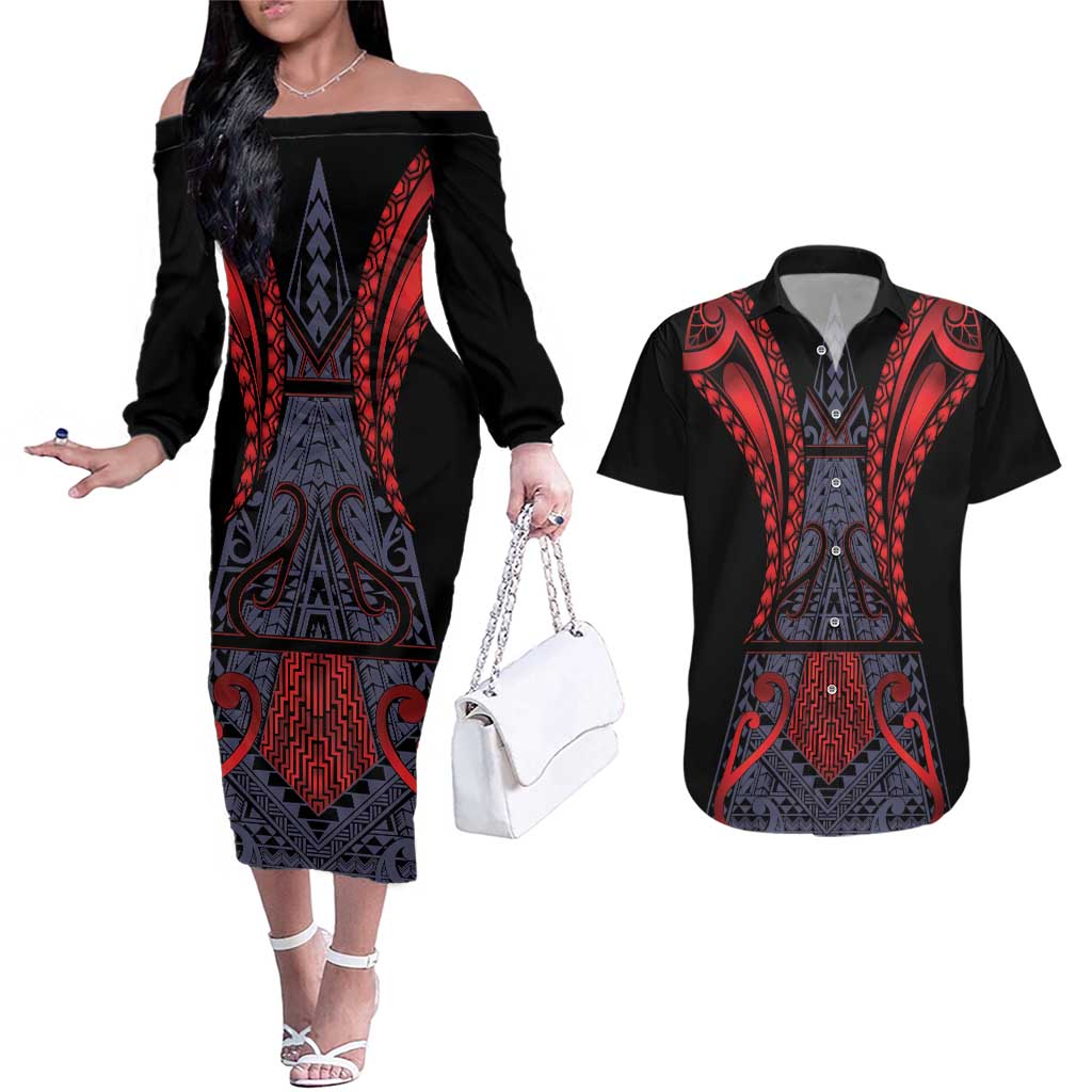 Custom New Zealand Couples Matching Off The Shoulder Long Sleeve Dress and Hawaiian Shirt Maori Kiwiana Pattern Tukutuku Motif