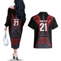 Custom New Zealand Couples Matching Off The Shoulder Long Sleeve Dress and Hawaiian Shirt Maori Kiwiana Pattern Tukutuku Motif
