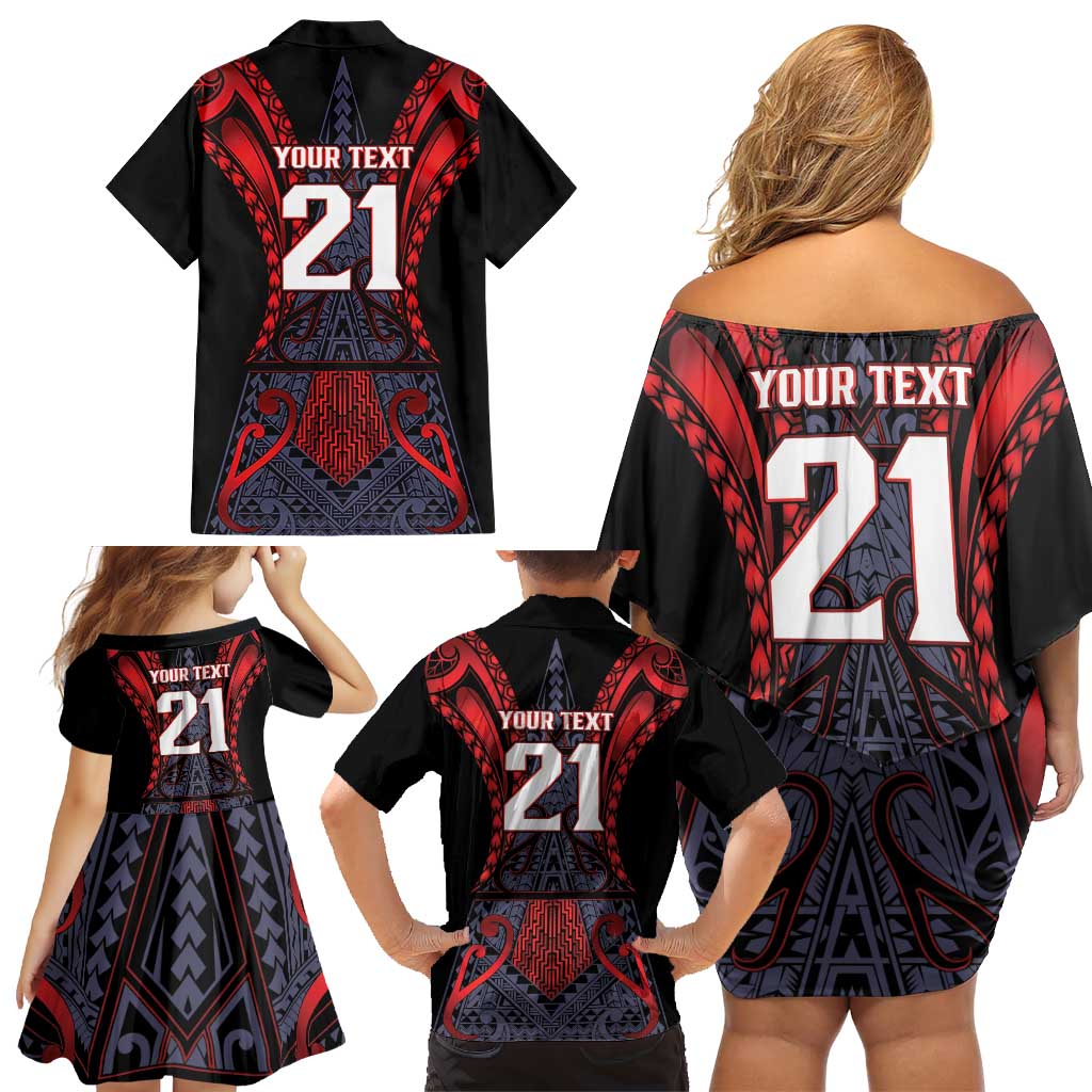Custom New Zealand Family Matching Off Shoulder Short Dress and Hawaiian Shirt Maori Kiwiana Pattern Tukutuku Motif