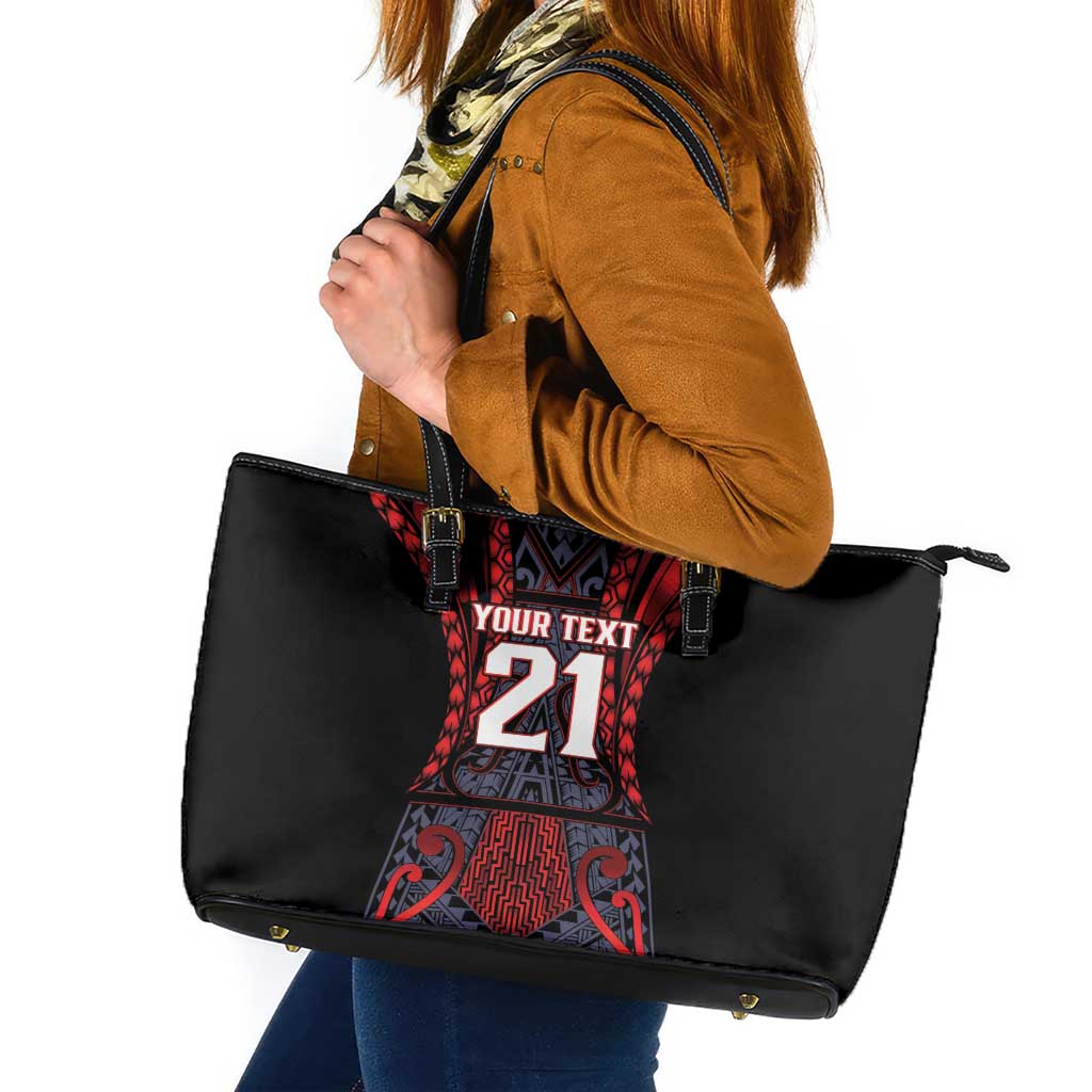 Custom New Zealand Leather Tote Bag Maori Kiwiana Pattern Tukutuku Motif LT9 Red - Polynesian Pride