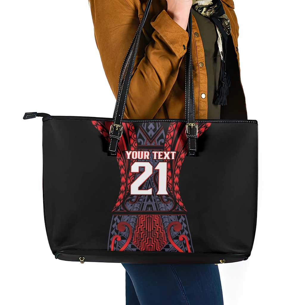 Custom New Zealand Leather Tote Bag Maori Kiwiana Pattern Tukutuku Motif