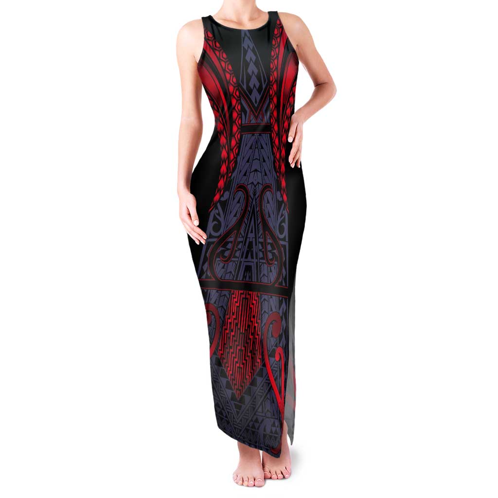 Custom New Zealand Tank Maxi Dress Maori Kiwiana Pattern Tukutuku Motif LT9 Women Red - Polynesian Pride