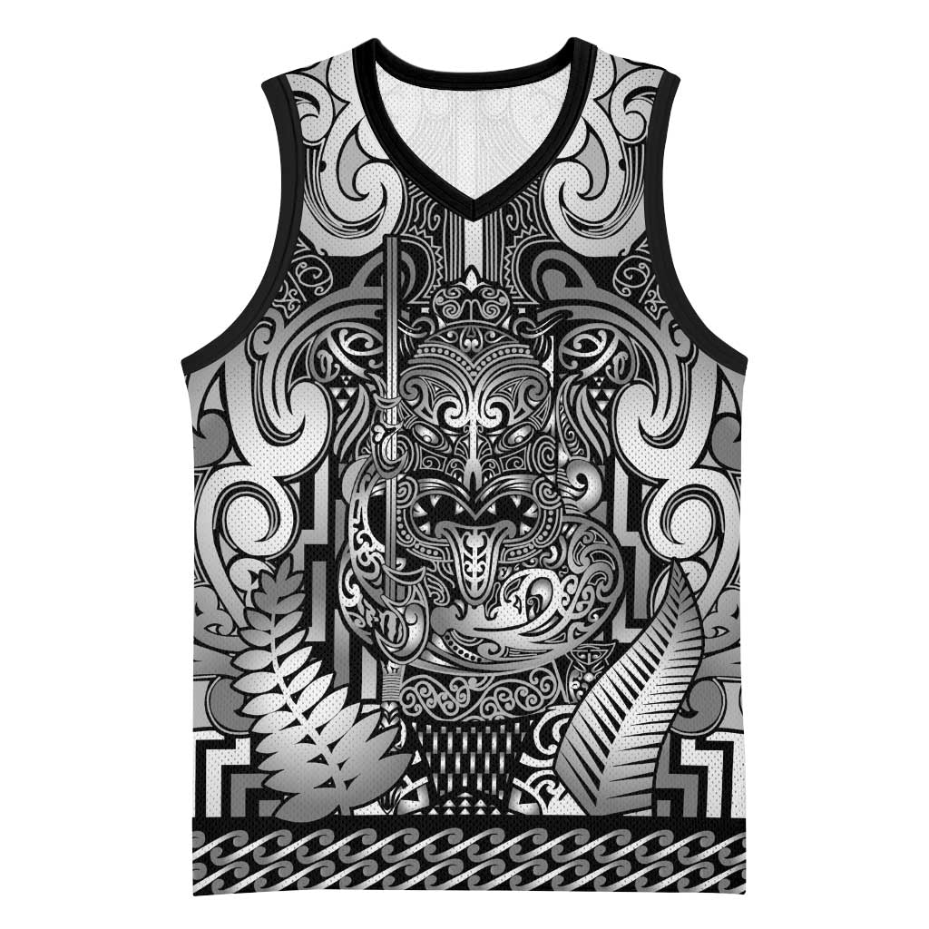 Custom New Zealand Taiaha Maori Basketball Jersey Kiwikiwi Minimalist Silver Fern Tukutuku Motif