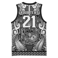 Custom New Zealand Taiaha Maori Basketball Jersey Kiwikiwi Minimalist Silver Fern Tukutuku Motif