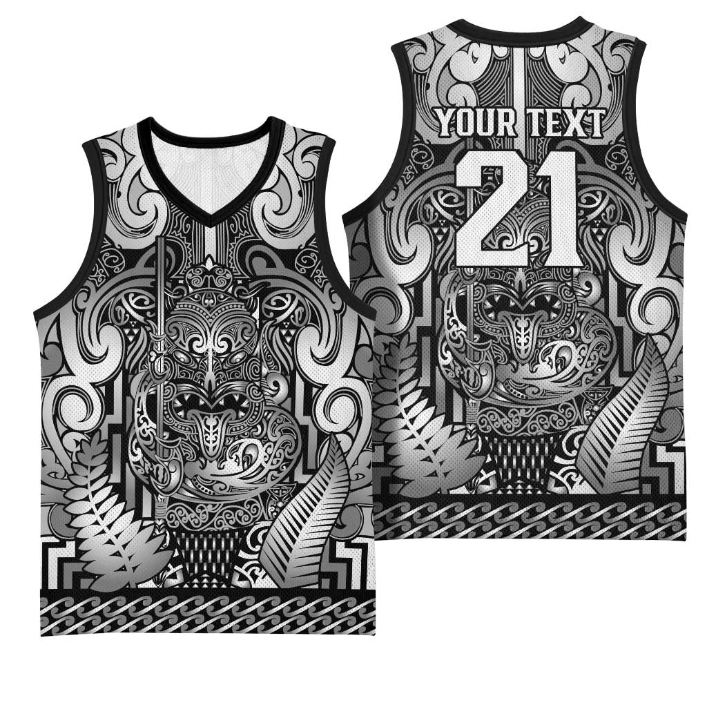 Custom New Zealand Taiaha Maori Basketball Jersey Kiwikiwi Minimalist Silver Fern Tukutuku Motif