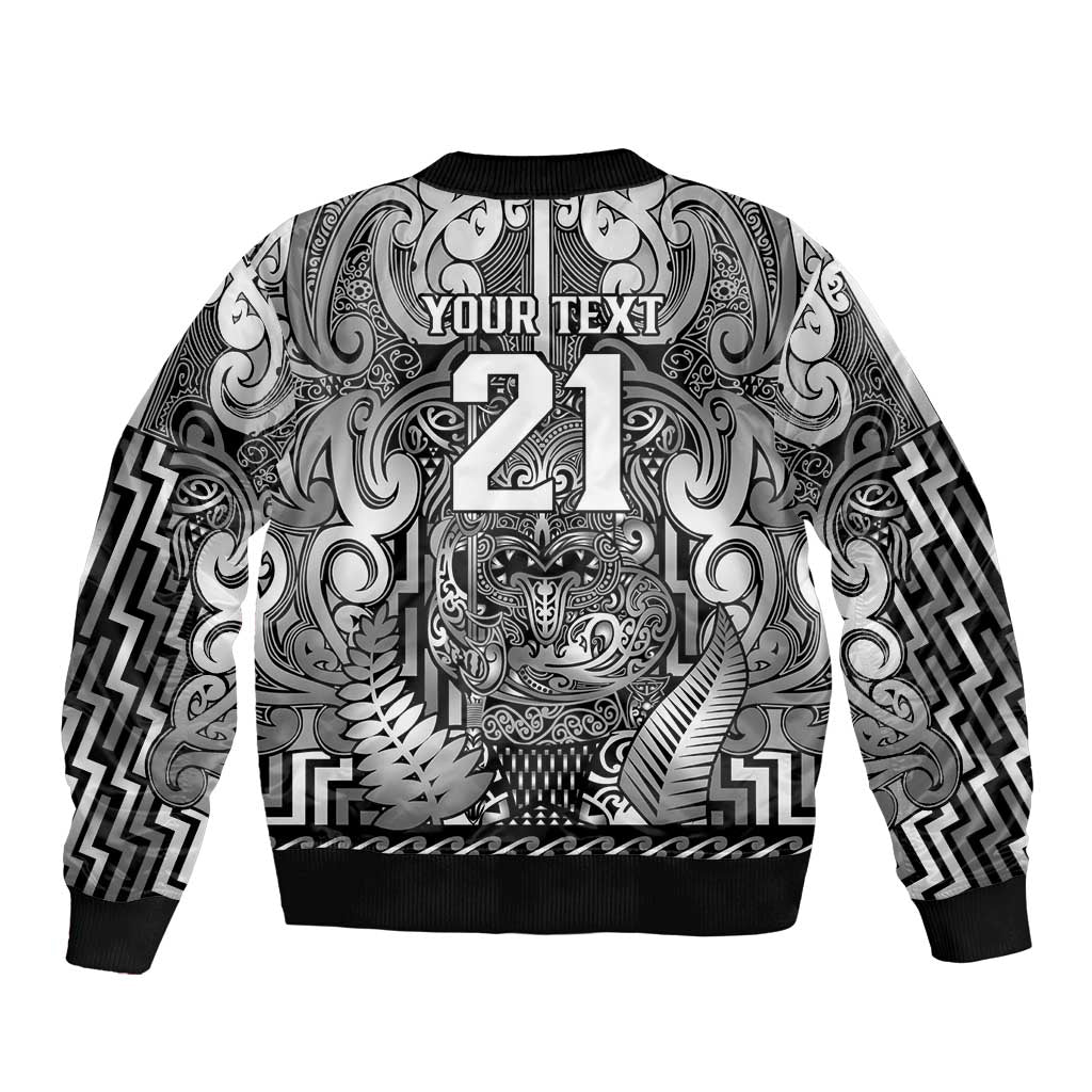 Custom New Zealand Taiaha Maori Bomber Jacket Kiwikiwi Minimalist Silver Fern Tukutuku Motif