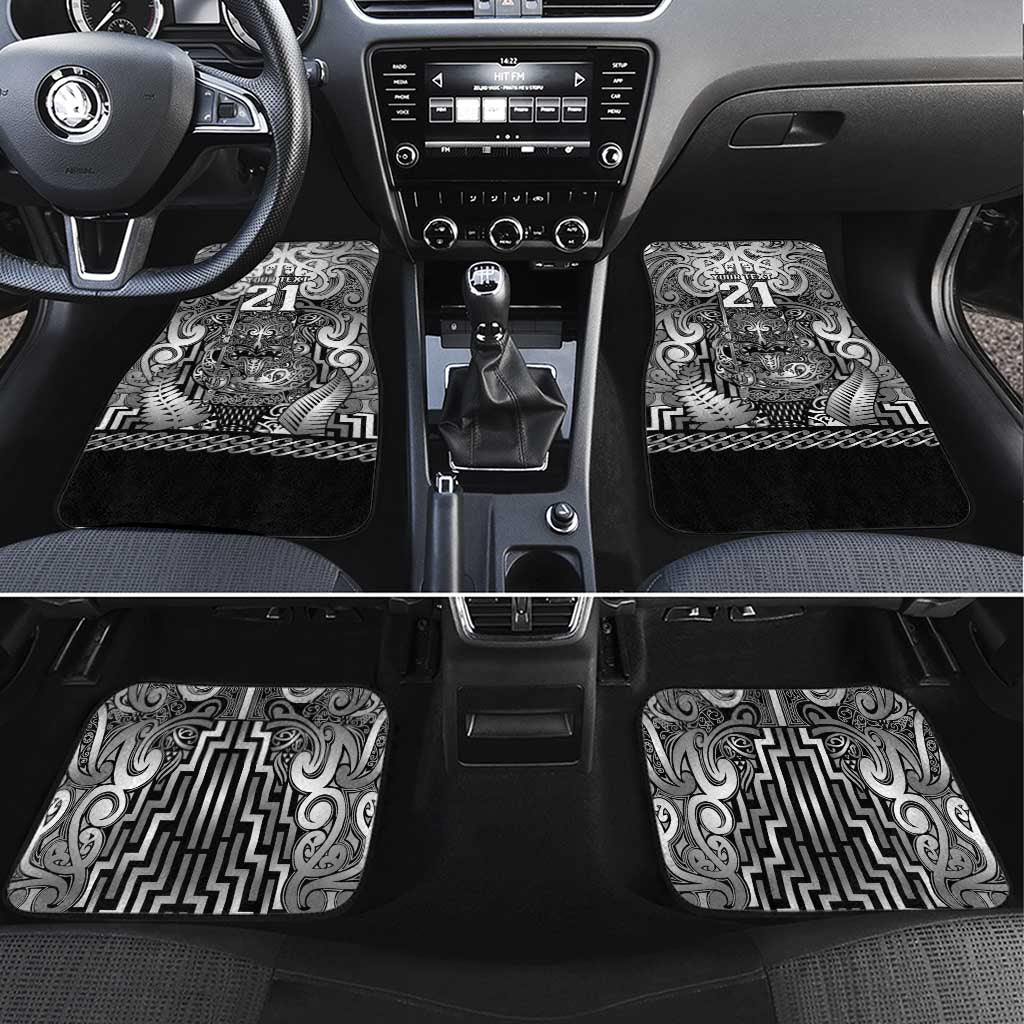Custom New Zealand Taiaha Maori Car Mats Kiwikiwi Minimalist Silver Fern Tukutuku Motif