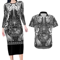 Custom New Zealand Taiaha Maori Couples Matching Long Sleeve Bodycon Dress and Hawaiian Shirt Kiwikiwi Minimalist Silver Fern Tukutuku Motif