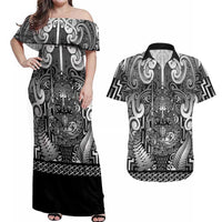Custom New Zealand Taiaha Maori Couples Matching Off Shoulder Maxi Dress and Hawaiian Shirt Kiwikiwi Minimalist Silver Fern Tukutuku Motif