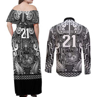Custom New Zealand Taiaha Maori Couples Matching Off Shoulder Maxi Dress and Long Sleeve Button Shirt Kiwikiwi Minimalist Silver Fern Tukutuku Motif
