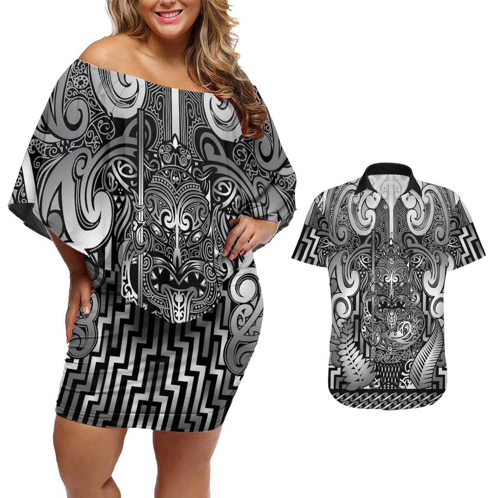 Custom New Zealand Taiaha Maori Couples Matching Off Shoulder Short Dress and Hawaiian Shirt Kiwikiwi Minimalist Silver Fern Tukutuku Motif