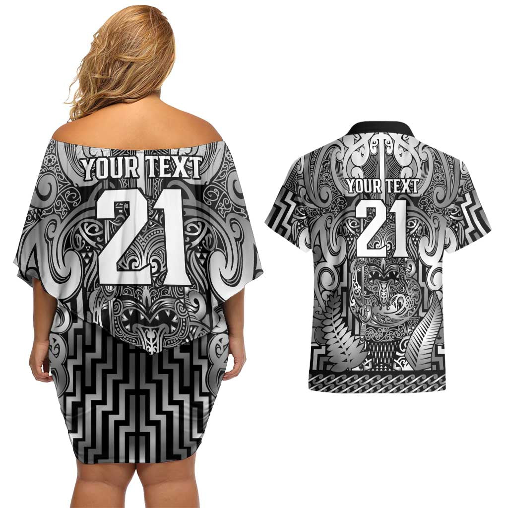 Custom New Zealand Taiaha Maori Couples Matching Off Shoulder Short Dress and Hawaiian Shirt Kiwikiwi Minimalist Silver Fern Tukutuku Motif