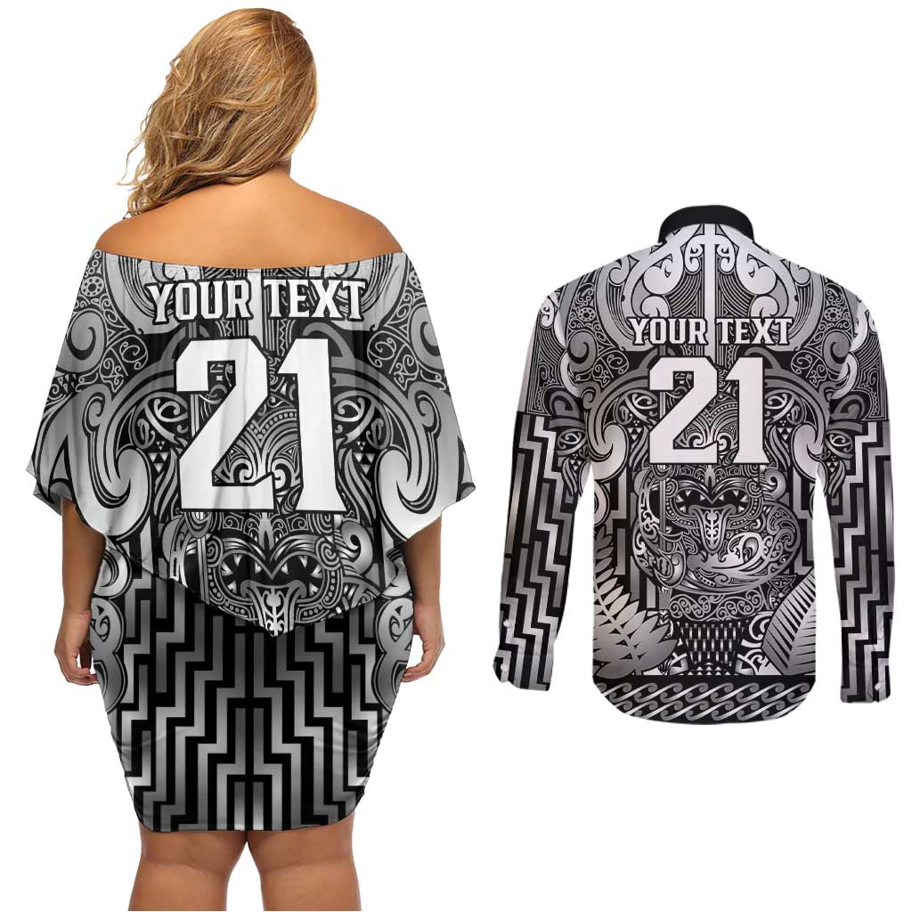 Custom New Zealand Taiaha Maori Couples Matching Off Shoulder Short Dress and Long Sleeve Button Shirt Kiwikiwi Minimalist Silver Fern Tukutuku Motif