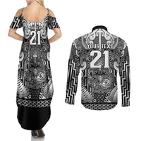 Custom New Zealand Taiaha Maori Couples Matching Summer Maxi Dress and Long Sleeve Button Shirt Kiwikiwi Minimalist Silver Fern Tukutuku Motif