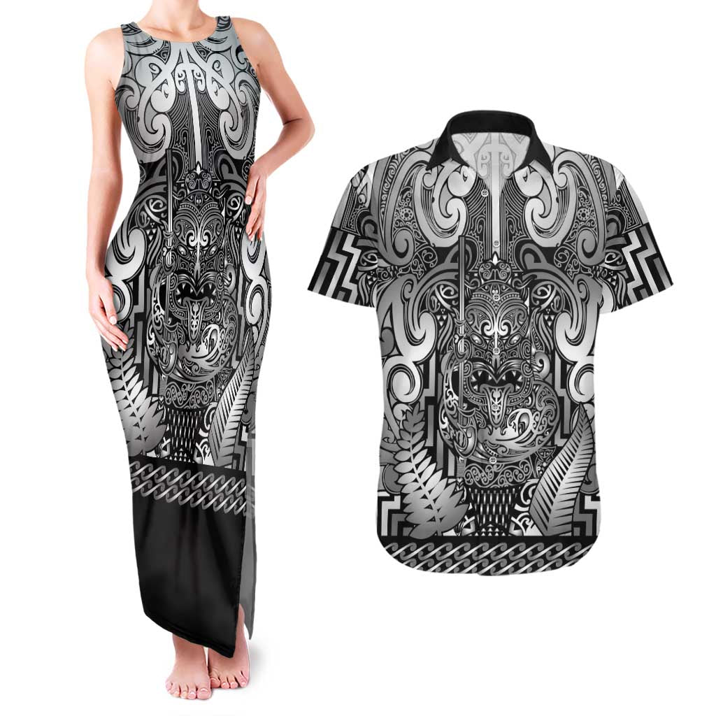 Custom New Zealand Taiaha Maori Couples Matching Tank Maxi Dress and Hawaiian Shirt Kiwikiwi Minimalist Silver Fern Tukutuku Motif