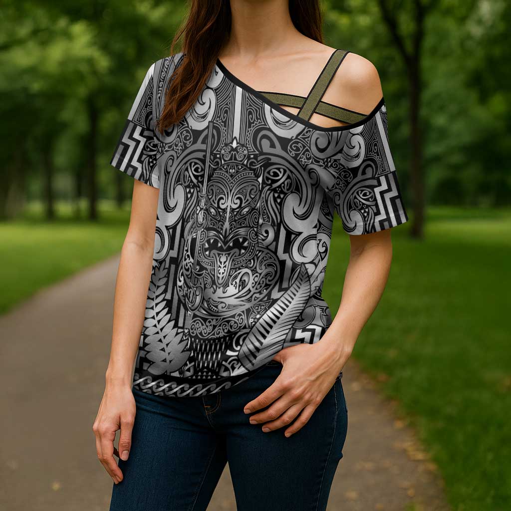 Custom New Zealand Taiaha Maori Cross Shoulder Shirt Kiwikiwi Minimalist Silver Fern Tukutuku Motif