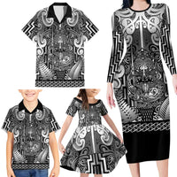 Custom New Zealand Taiaha Maori Family Matching Long Sleeve Bodycon Dress and Hawaiian Shirt Kiwikiwi Minimalist Silver Fern Tukutuku Motif
