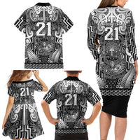 Custom New Zealand Taiaha Maori Family Matching Long Sleeve Bodycon Dress and Hawaiian Shirt Kiwikiwi Minimalist Silver Fern Tukutuku Motif